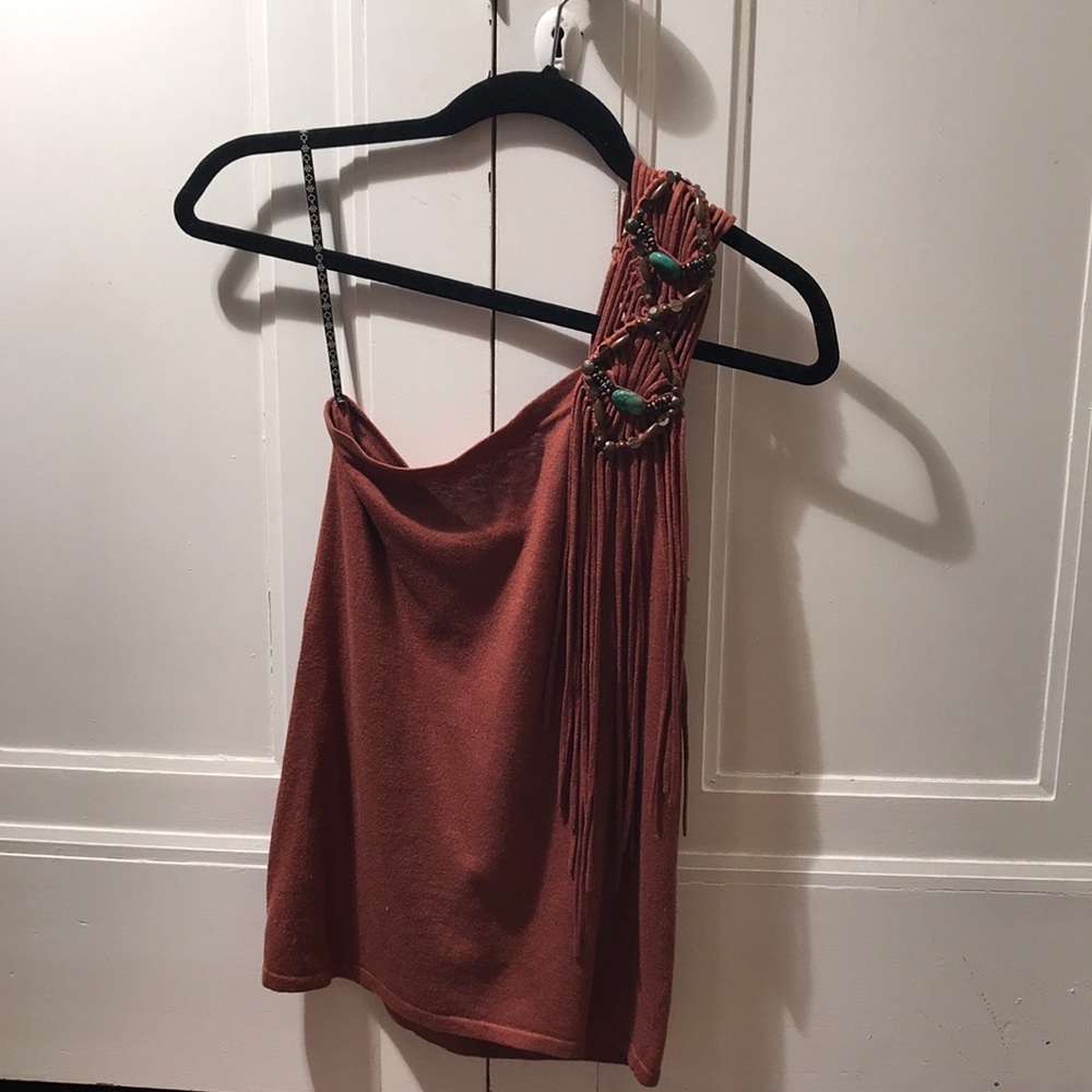 Nanette Lepore One Shoulder Fringe & Turqoise Top